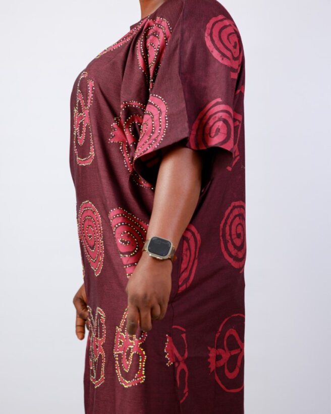Adire Swirl Dress – Maroon Wax Resist Cotton 2
