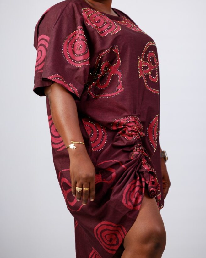 Adire Swirl Dress – Maroon Wax Resist Cotton 3