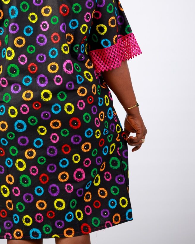 Festival Circles Dress – Multicolor Wax Resist Adire 1