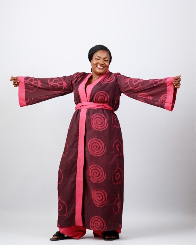 Heritage Wrap Robe – Maroon & Pink Wax Resist Adire 1