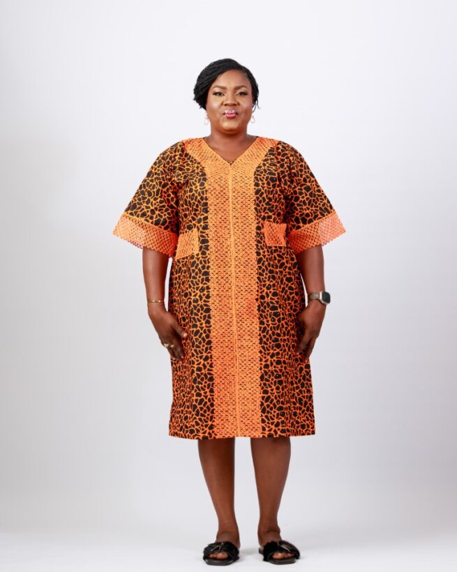 Savanna Glow Midi – Orange & Black Adire