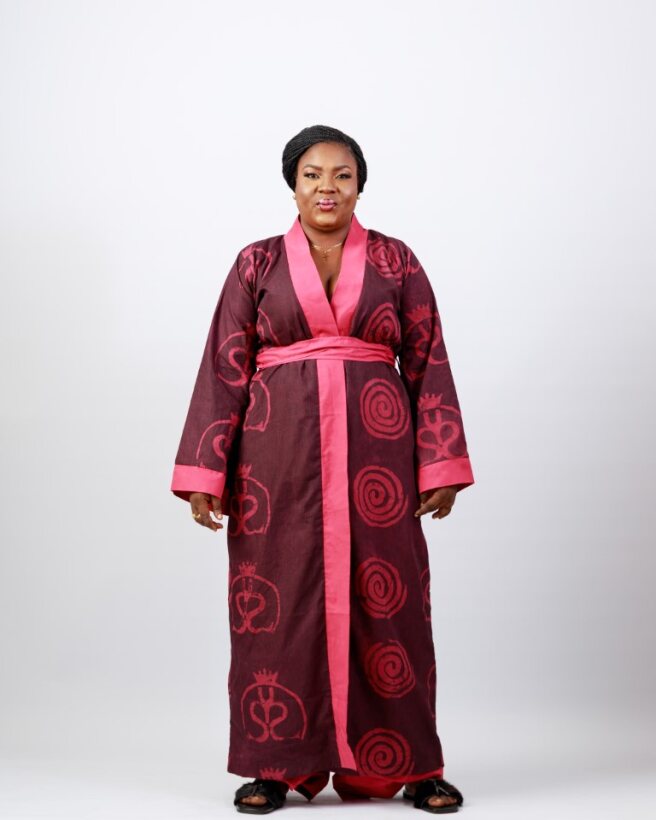 thumbnailHeritage Wrap Robe – Maroon & Pink Wax Resist Adire